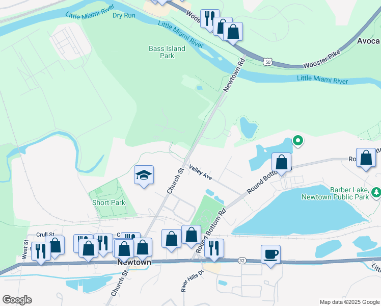 map of restaurants, bars, coffee shops, grocery stores, and more near 3881 Newtown Road in Newtown