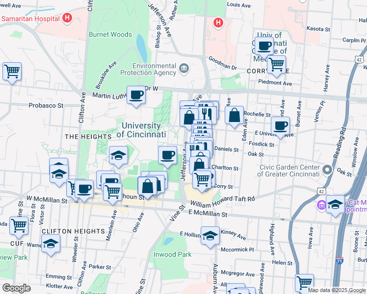 map of restaurants, bars, coffee shops, grocery stores, and more near 2729 Jefferson Avenue in Cincinnati