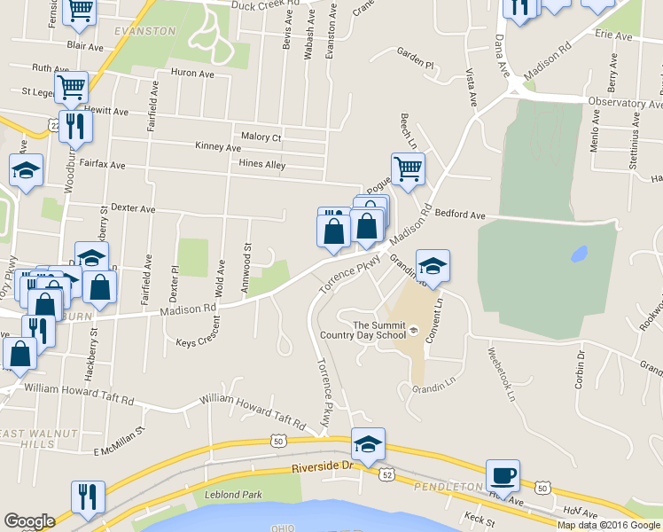 map of restaurants, bars, coffee shops, grocery stores, and more near 1989 Madison Road in Cincinnati