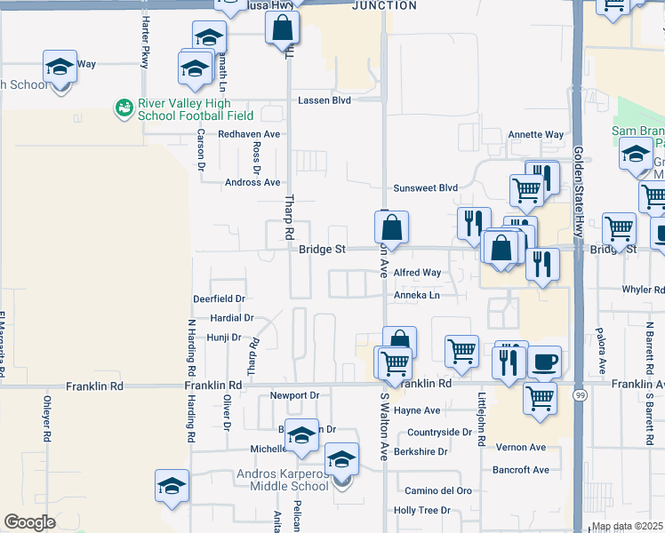 map of restaurants, bars, coffee shops, grocery stores, and more near 1710 Bridge Street in Yuba City