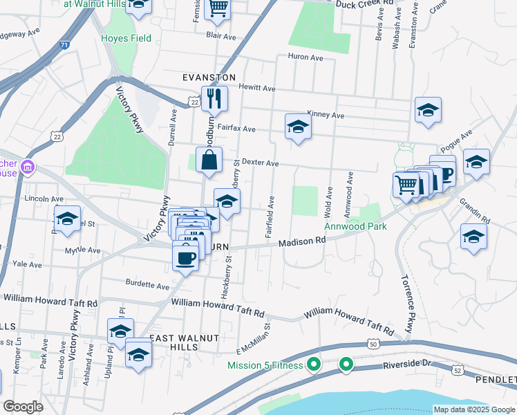 map of restaurants, bars, coffee shops, grocery stores, and more near 3009 Fairfield Avenue in Cincinnati