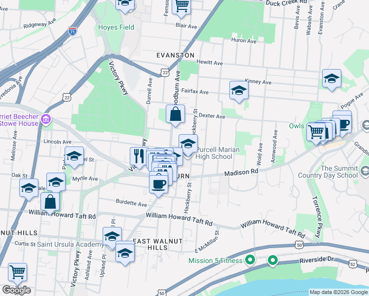 map of restaurants, bars, coffee shops, grocery stores, and more near 1622 De Sales Lane in Cincinnati