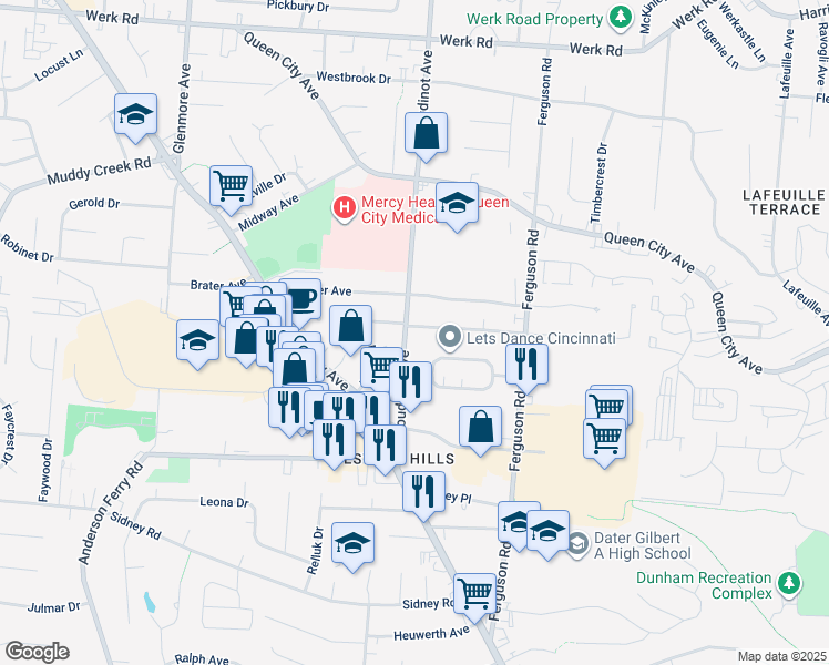 map of restaurants, bars, coffee shops, grocery stores, and more near 3082 Veazey Avenue in Cincinnati
