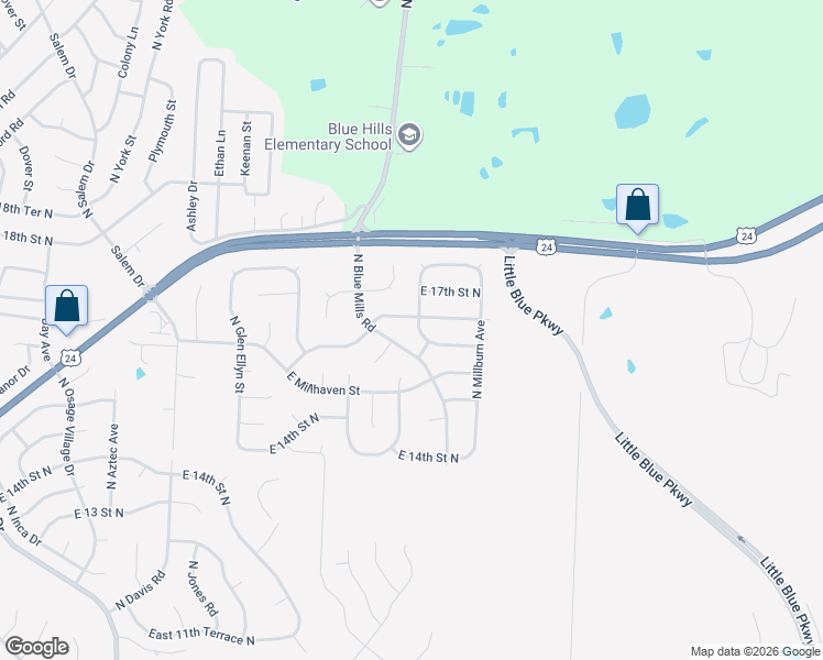 map of restaurants, bars, coffee shops, grocery stores, and more near 20301 East 16 Street North in Independence