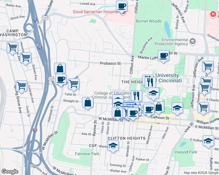 map of restaurants, bars, coffee shops, grocery stores, and more near 2641 Stratford Avenue in Cincinnati
