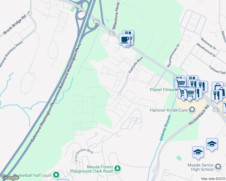 map of restaurants, bars, coffee shops, grocery stores, and more near 2990 Cornfield Avenue in Hanover