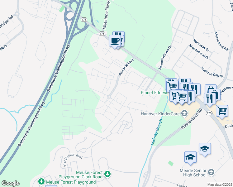 map of restaurants, bars, coffee shops, grocery stores, and more near 7824 Patterson Way in Hanover