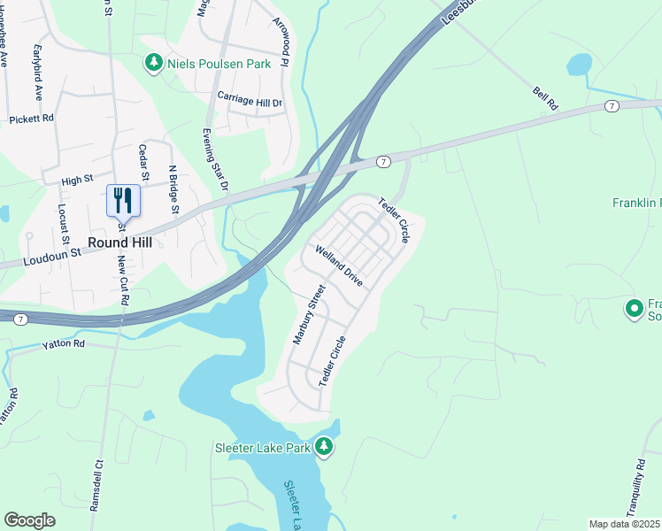 map of restaurants, bars, coffee shops, grocery stores, and more near 36055 Welland Drive in Round Hill