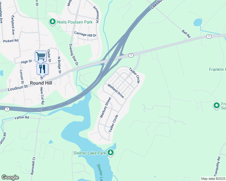map of restaurants, bars, coffee shops, grocery stores, and more near 36055 Welland Drive in Round Hill