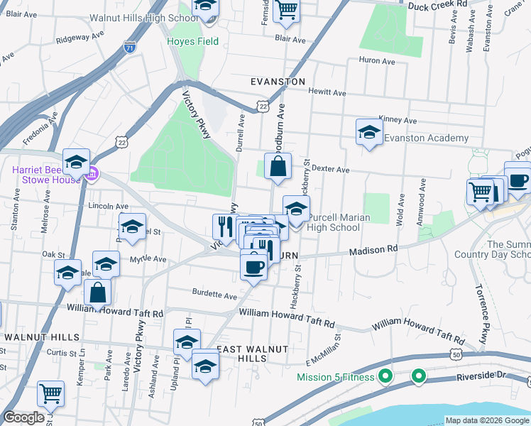 map of restaurants, bars, coffee shops, grocery stores, and more near 3011 Woodburn Avenue in Cincinnati