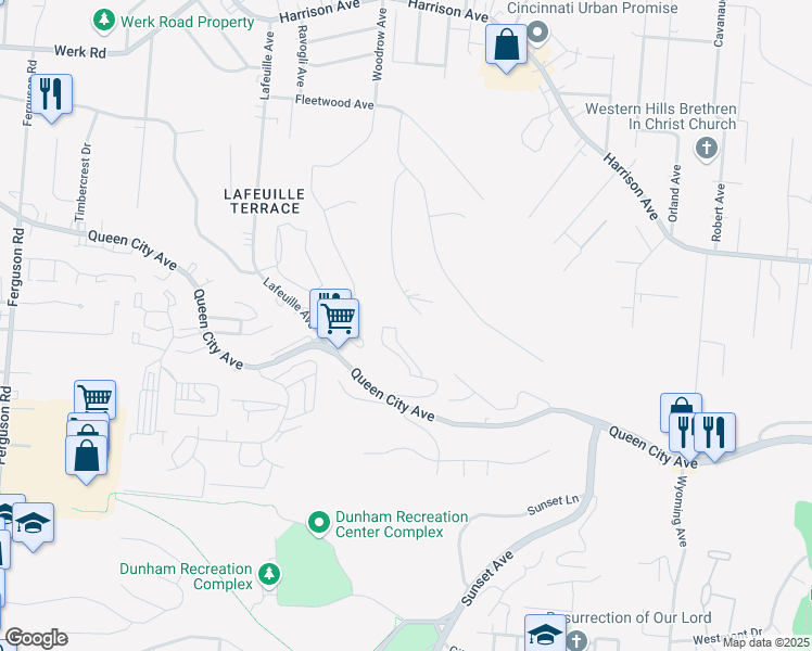 map of restaurants, bars, coffee shops, grocery stores, and more near 2500 Queen City Ave in Cincinnati