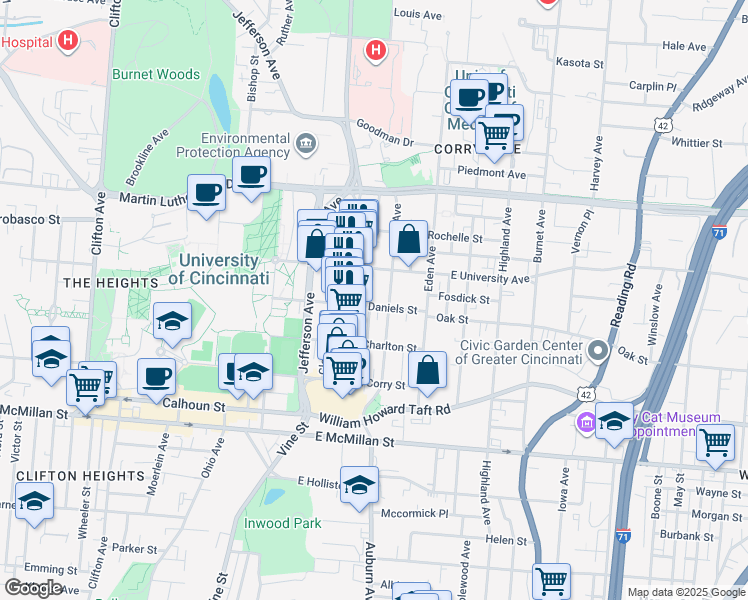 map of restaurants, bars, coffee shops, grocery stores, and more near 20 East Daniels Street in Cincinnati