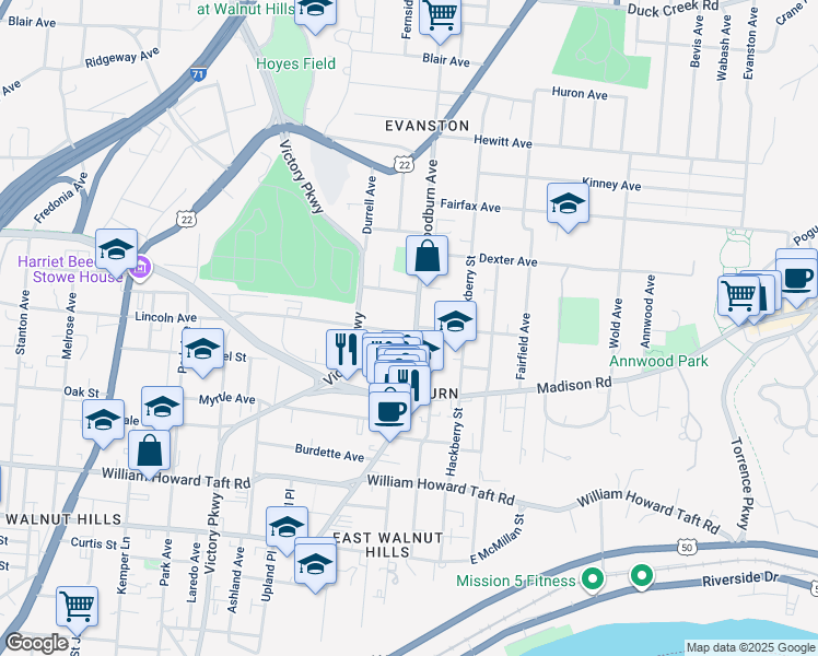 map of restaurants, bars, coffee shops, grocery stores, and more near 3011 Woodburn Avenue in Cincinnati