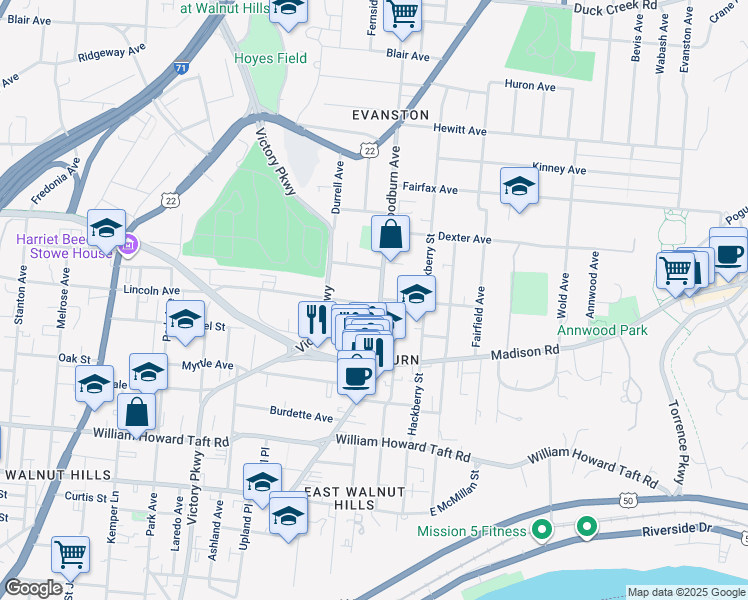 map of restaurants, bars, coffee shops, grocery stores, and more near 3001-A Woodburn Avenue in Cincinnati