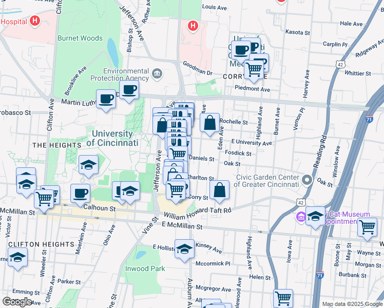 map of restaurants, bars, coffee shops, grocery stores, and more near 20-28 East Daniels Street in Cincinnati