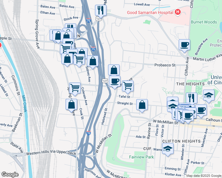 map of restaurants, bars, coffee shops, grocery stores, and more near in Cincinnati