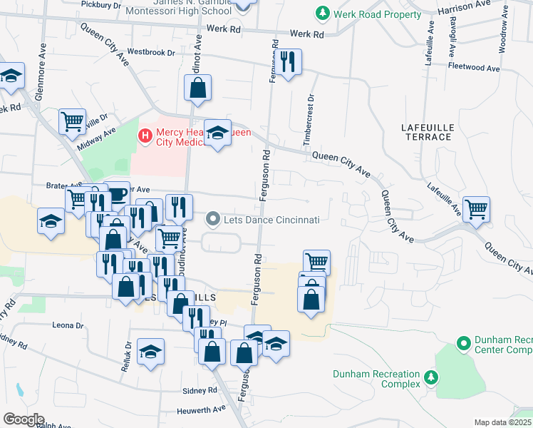 map of restaurants, bars, coffee shops, grocery stores, and more near 2474 Ferguson Road in Cincinnati