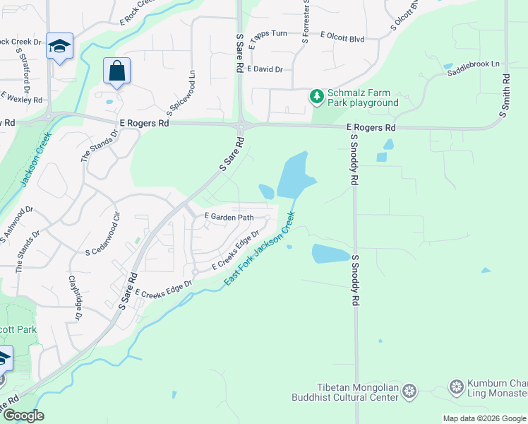 map of restaurants, bars, coffee shops, grocery stores, and more near 2883 East Garden Path in Bloomington
