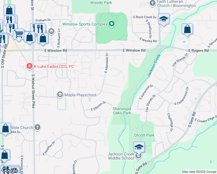 map of restaurants, bars, coffee shops, grocery stores, and more near 1429 East Clairmont Place in Bloomington