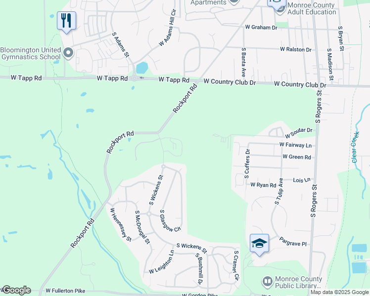 map of restaurants, bars, coffee shops, grocery stores, and more near 3360 South Crafters Court in Bloomington