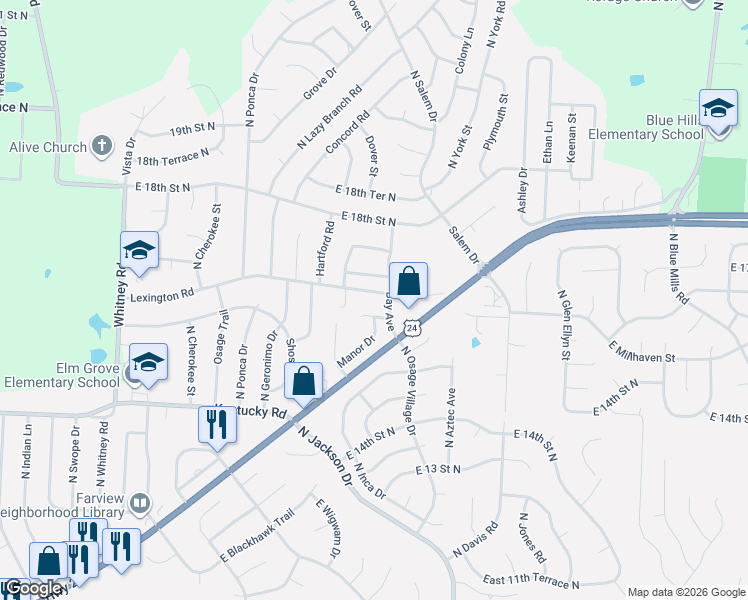 map of restaurants, bars, coffee shops, grocery stores, and more near 18921 Lexington Road in Independence