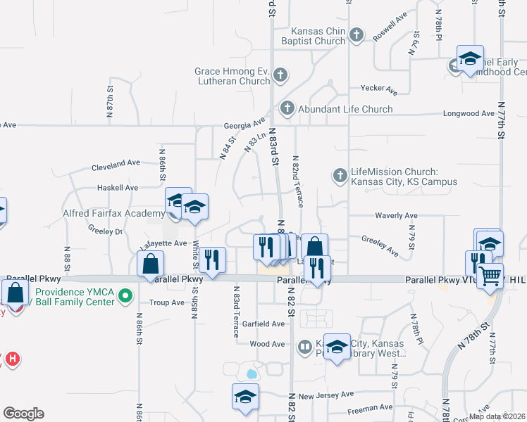 map of restaurants, bars, coffee shops, grocery stores, and more near 2311 North 83rd Street in Kansas City