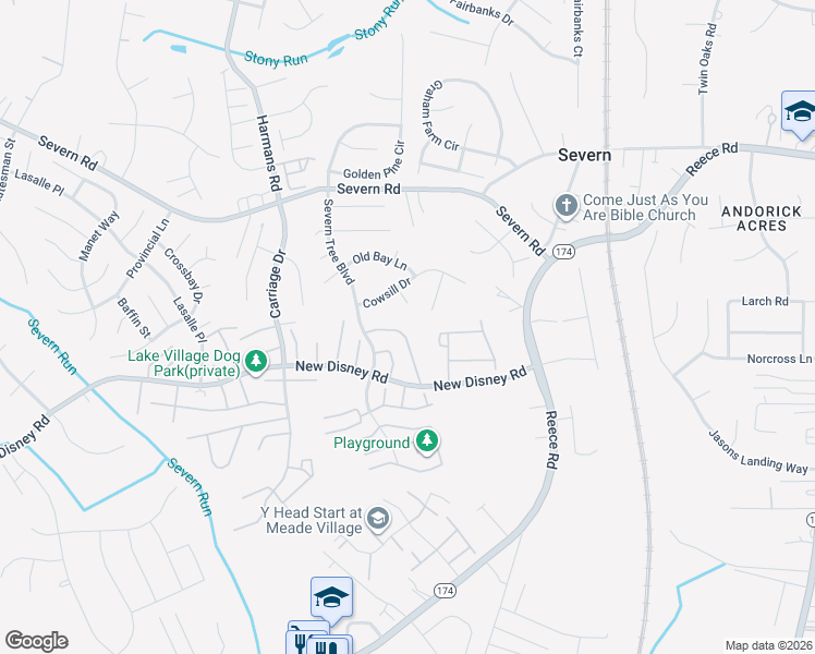 map of restaurants, bars, coffee shops, grocery stores, and more near 7957 Heather Mist Drive in Severn