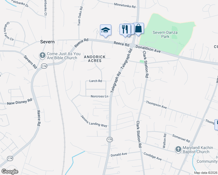 map of restaurants, bars, coffee shops, grocery stores, and more near 7967 Foster Avenue in Severn