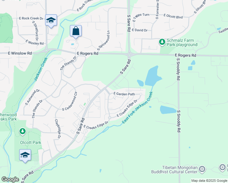 map of restaurants, bars, coffee shops, grocery stores, and more near East Garden Path in Bloomington
