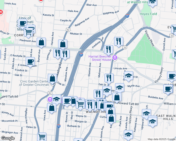 map of restaurants, bars, coffee shops, grocery stores, and more near 2867 Stanton Avenue in Cincinnati