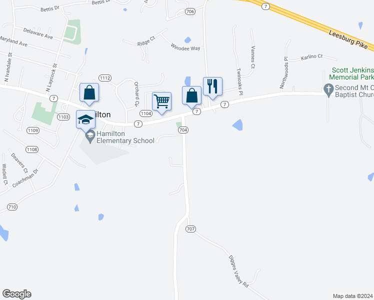 map of restaurants, bars, coffee shops, grocery stores, and more near 17530 Harmony Church Road in Hamilton