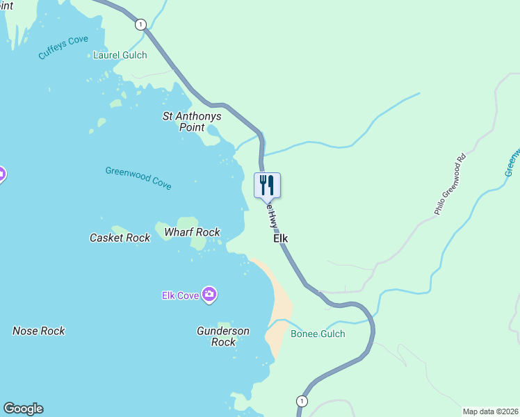 map of restaurants, bars, coffee shops, grocery stores, and more near 5920 California 1 in Elk