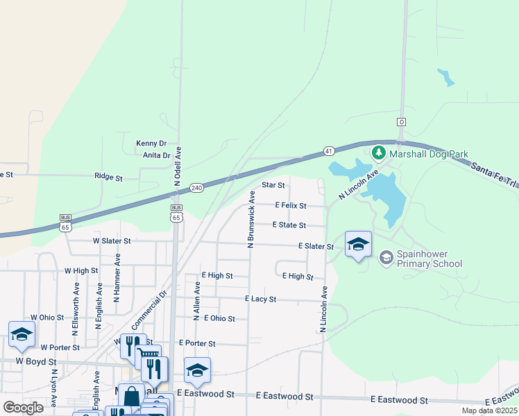 map of restaurants, bars, coffee shops, grocery stores, and more near 510 East Felix Street in Marshall