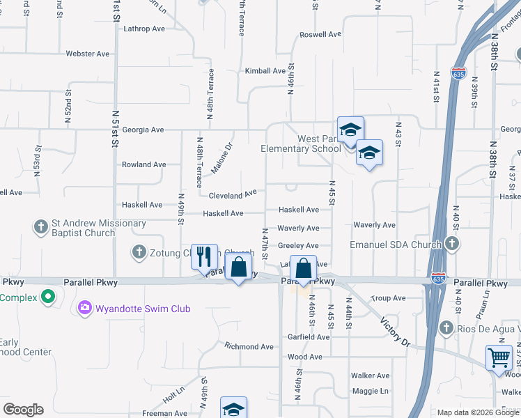 map of restaurants, bars, coffee shops, grocery stores, and more near 4710 Haskell Avenue in Kansas City
