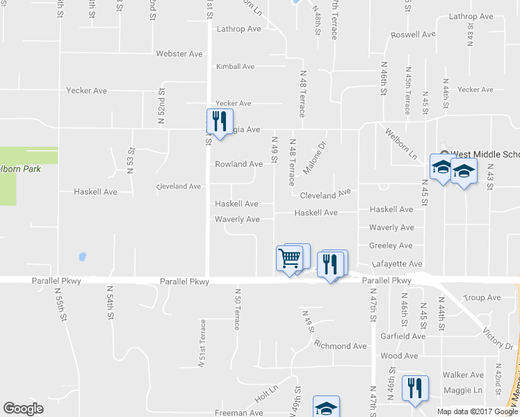 map of restaurants, bars, coffee shops, grocery stores, and more near 4917 Haskell Avenue in Kansas City