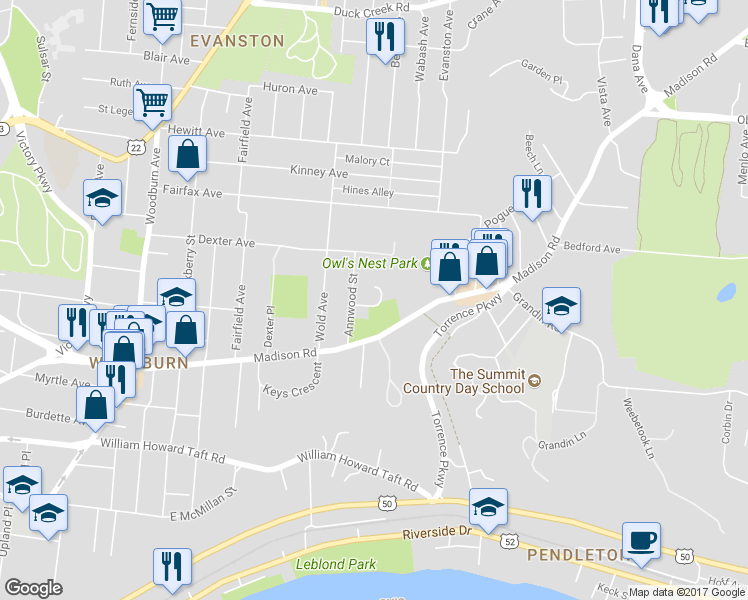 map of restaurants, bars, coffee shops, grocery stores, and more near 1920 Gregory Lane in Cincinnati