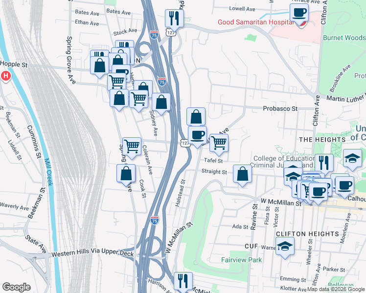 map of restaurants, bars, coffee shops, grocery stores, and more near 1001 Marshall Avenue in Cincinnati