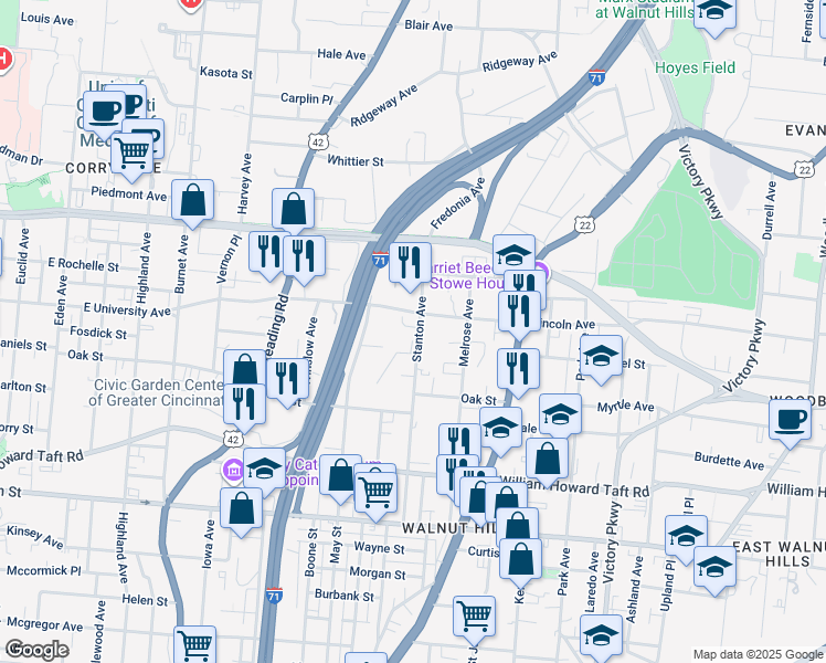 map of restaurants, bars, coffee shops, grocery stores, and more near 2867 Stanton Avenue in Cincinnati