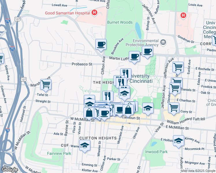map of restaurants, bars, coffee shops, grocery stores, and more near Campus Way in Cincinnati