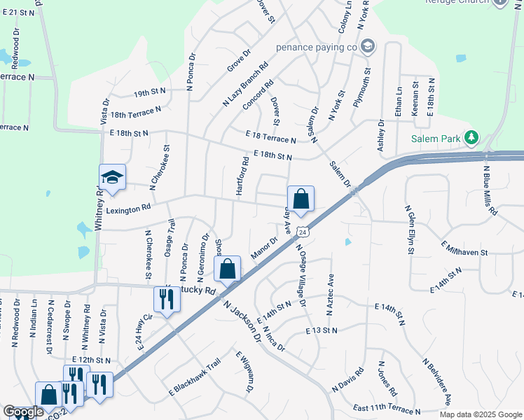map of restaurants, bars, coffee shops, grocery stores, and more near 18803 Lexington Road in Independence