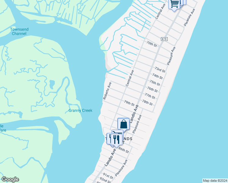 map of restaurants, bars, coffee shops, grocery stores, and more near 230 78th Street in Sea Isle City
