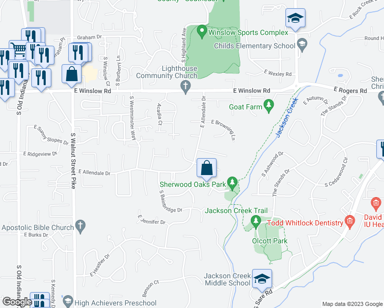map of restaurants, bars, coffee shops, grocery stores, and more near 3510 South Allendale Drive in Bloomington