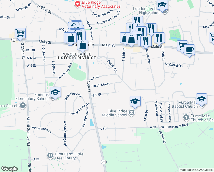 map of restaurants, bars, coffee shops, grocery stores, and more near 314 East E Street in Purcellville