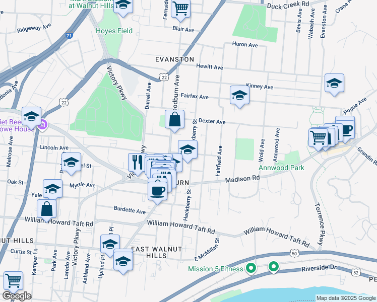 map of restaurants, bars, coffee shops, grocery stores, and more near 1622 De Sales Lane in Cincinnati
