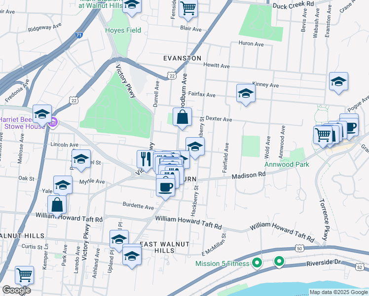 map of restaurants, bars, coffee shops, grocery stores, and more near 1622 De Sales Lane in Cincinnati