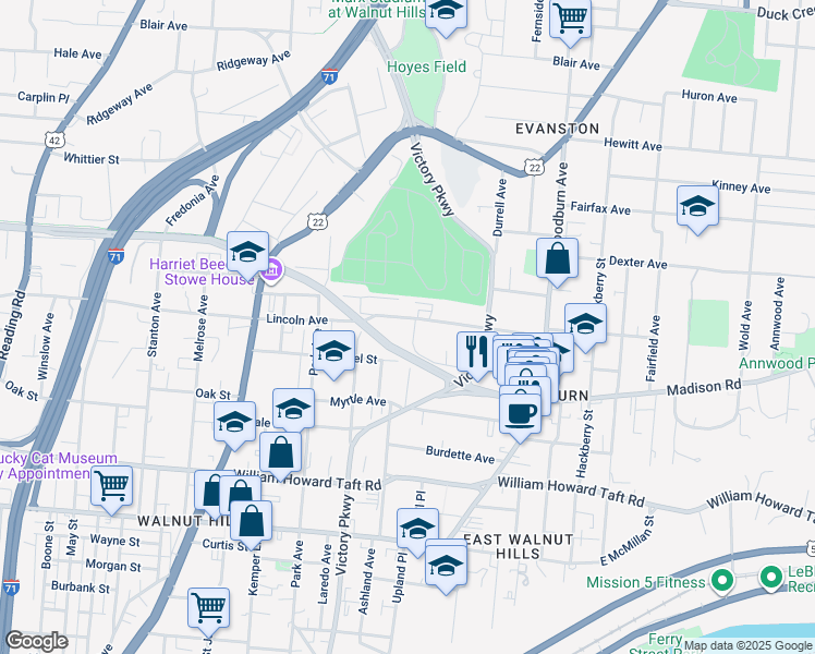 map of restaurants, bars, coffee shops, grocery stores, and more near in Cincinnati