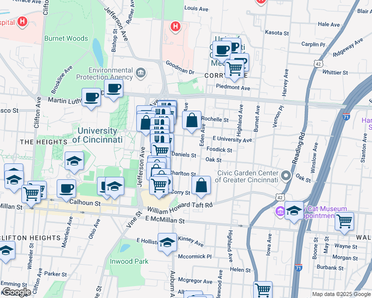 map of restaurants, bars, coffee shops, grocery stores, and more near 2810 Euclid Avenue in Cincinnati
