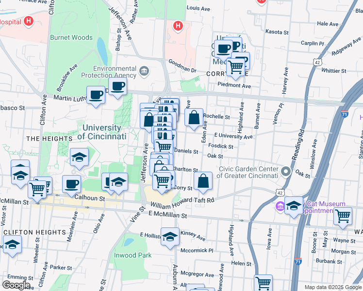 map of restaurants, bars, coffee shops, grocery stores, and more near 2802 Short Vine Street in Cincinnati