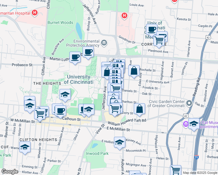 map of restaurants, bars, coffee shops, grocery stores, and more near 2809 Glendora Avenue in Cincinnati