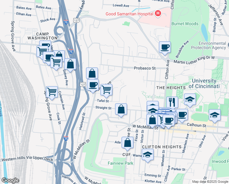 map of restaurants, bars, coffee shops, grocery stores, and more near 2753 Enslin Street in Cincinnati